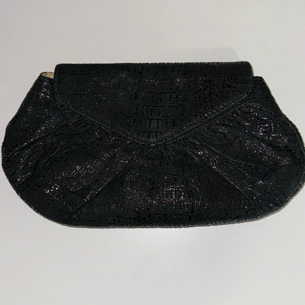 Lauren Merkin black shimmery clutch bag with optional gold chain.